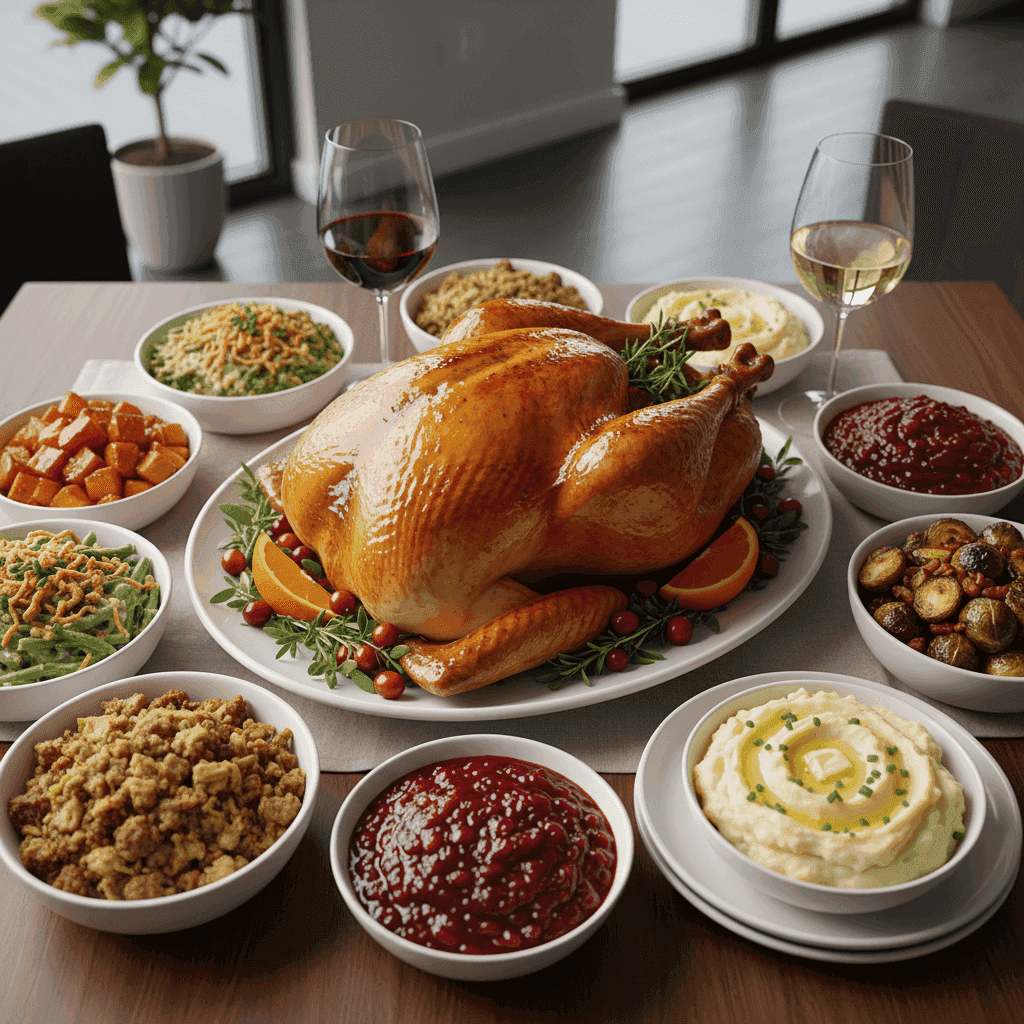 A roasted turkey centerpiece surrounded by various side dishes.
