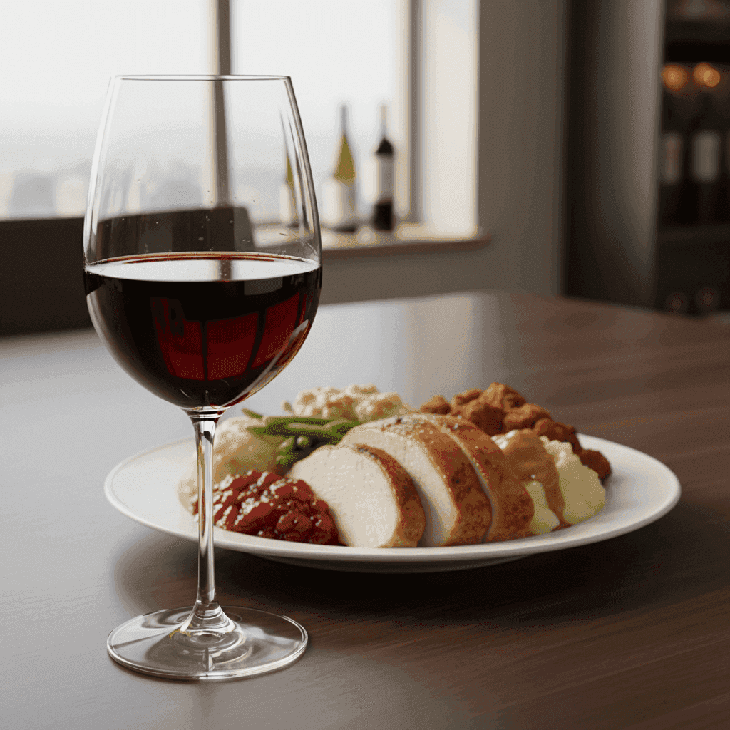 A glass of Pinot Noir with a turkey dinner in the background.