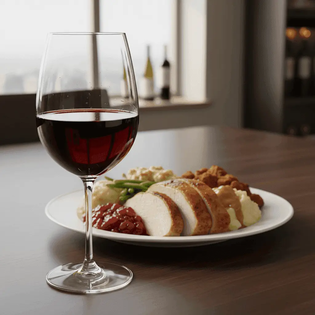 A glass of Pinot Noir with a turkey dinner in the background.