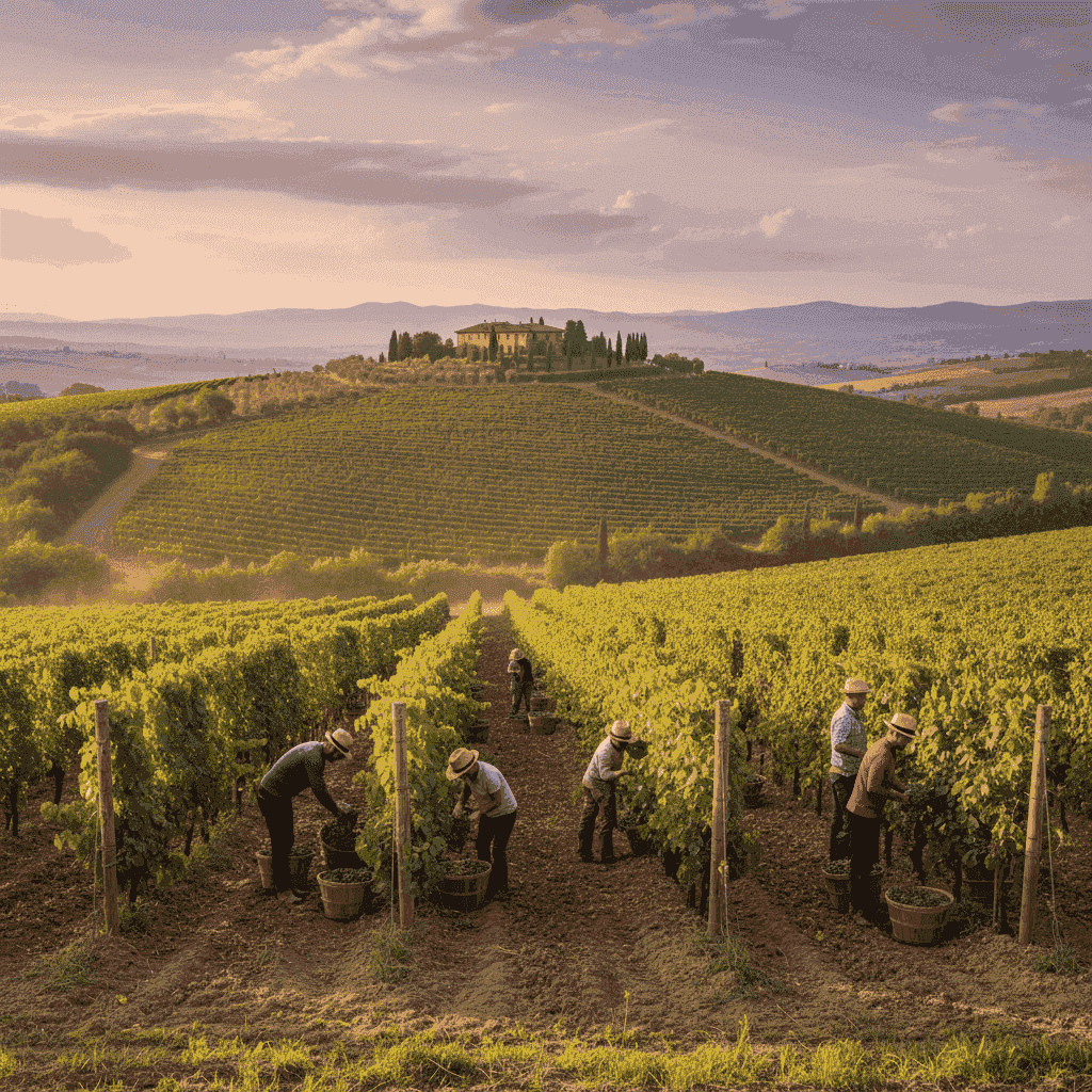 Rolling vineyards in Tuscany during harvest season