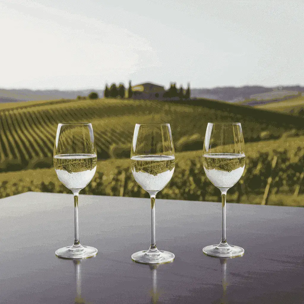 Gläser prickelnden Prosecco mit Weinberg im Hintergrund