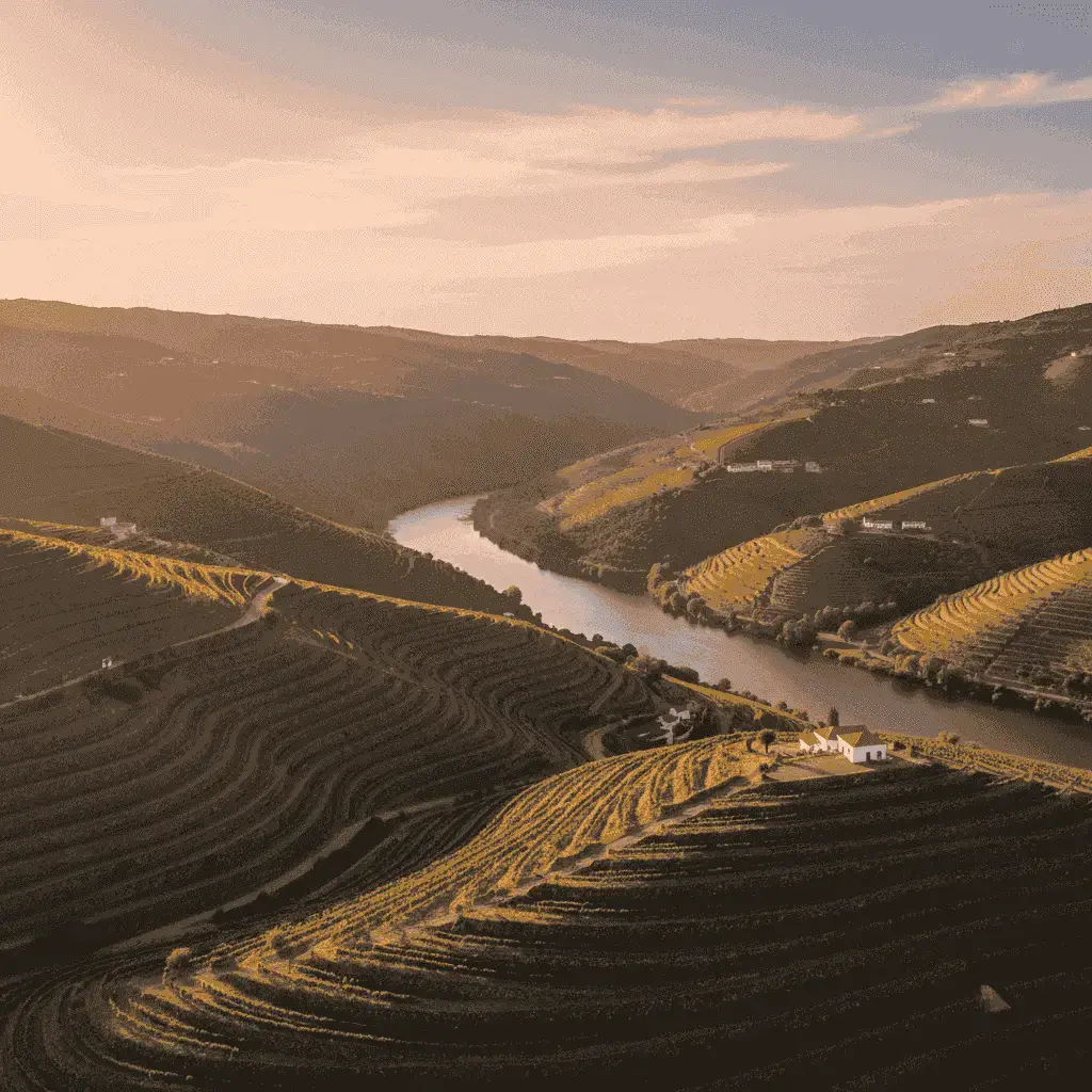 Viñedos en terrazas del Douro Valley, Portugal, bañados por la luz dorada del sol.