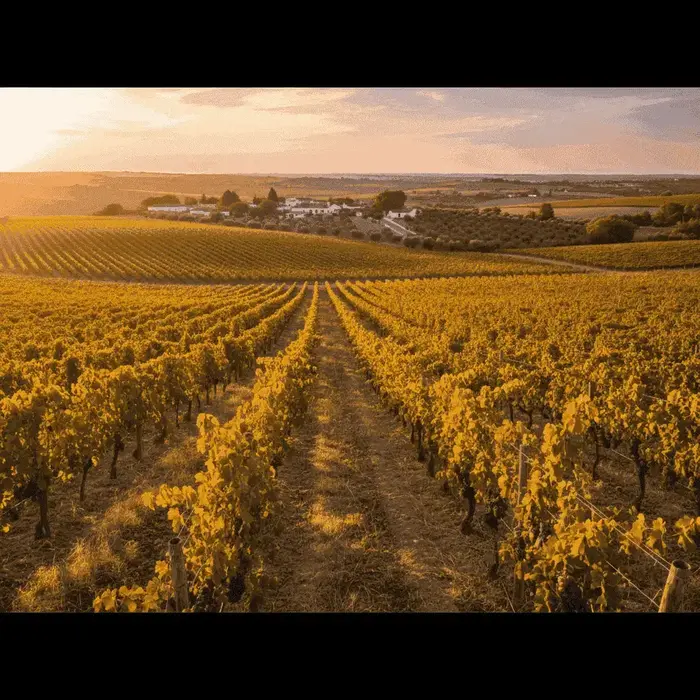 Viñedo de Alentejo bañado por el sol con hileras de vides que se extienden hasta el horizonte.