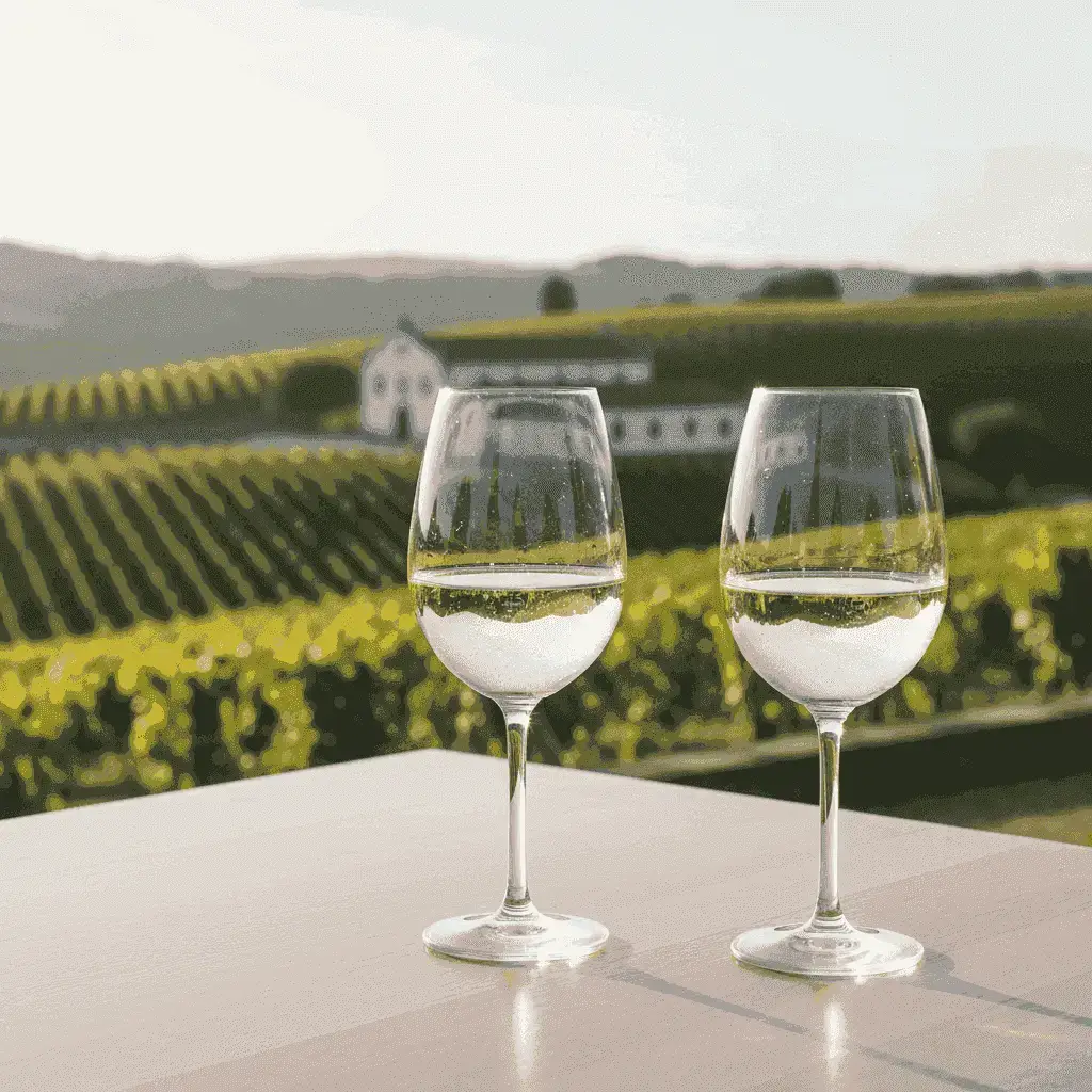 Copas de vino Vinho Verde fresco con un fondo de viñedo.