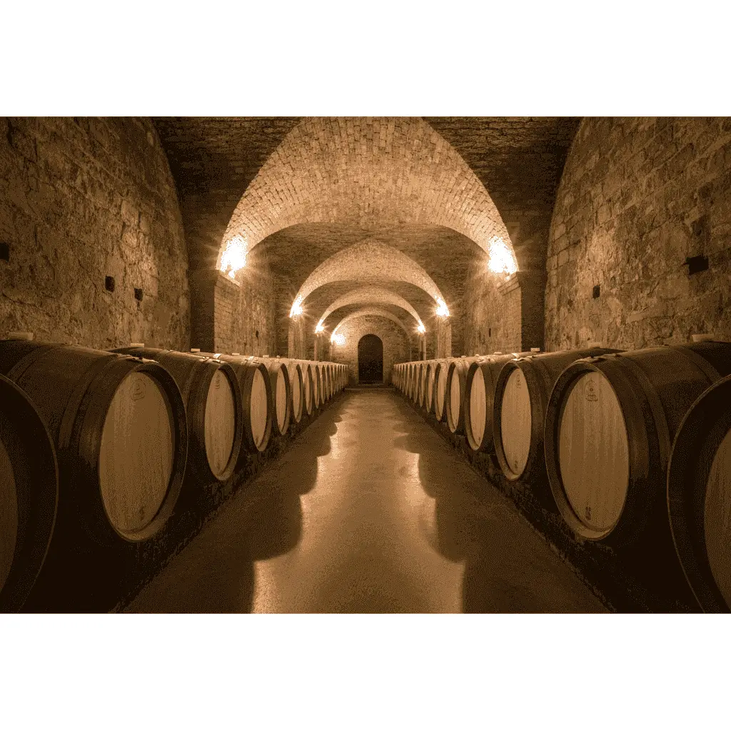 Barrels of wine in a dimly lit, historic Tuscan wine cellar