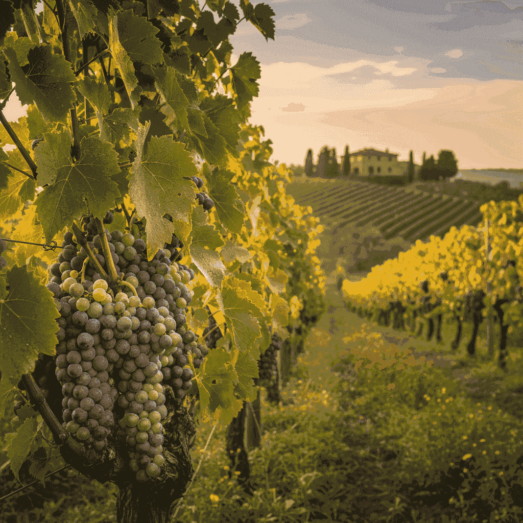 Close-up of healthy organic grapevines in a Tuscan vineyard