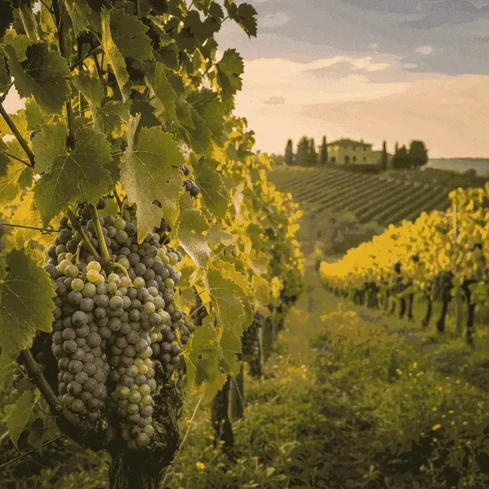 Close-up of healthy organic grapevines in a Tuscan vineyard