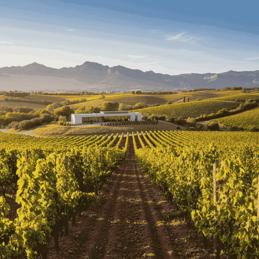 A picturesque vineyard in the Penedès region of Spain, where Cava grapes are grown.