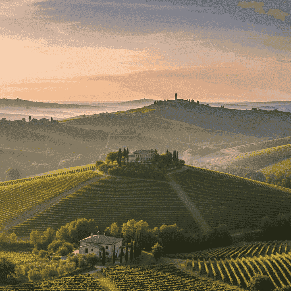 Rolling hills and vineyards in the Prosecco region of Italy, illustrating its beautiful landscape.