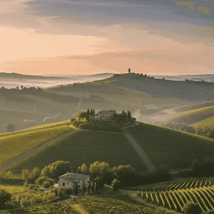 Sanfte Hügel und Weinberge in der Prosecco-Region Italiens, die ihre wunderschöne Landschaft illustrieren.