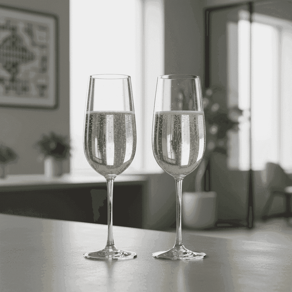 Two sparkling wine glasses, one with Cava and one with Prosecco, illustrating their different hues.
