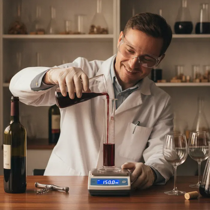 A scientist measuring red wine into a graduated cylinder