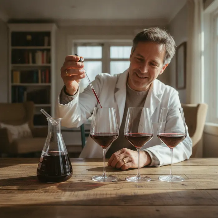 A table showing a laboratory beaker alongside structured wine glasses