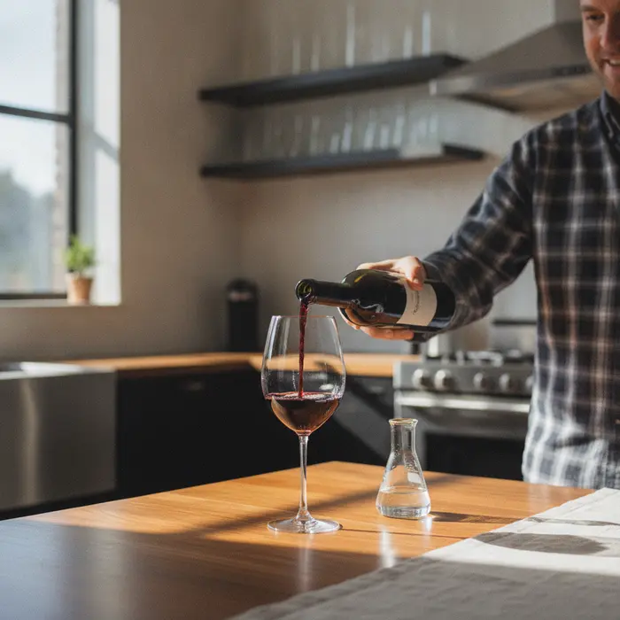 A hand pouring wine exactly to the widest point of a stemmed glass