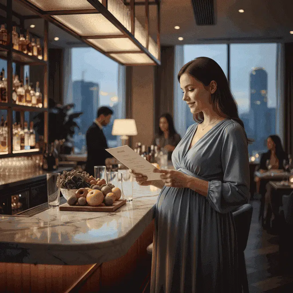 Mujer embarazada eligiendo una bebida en un restaurante