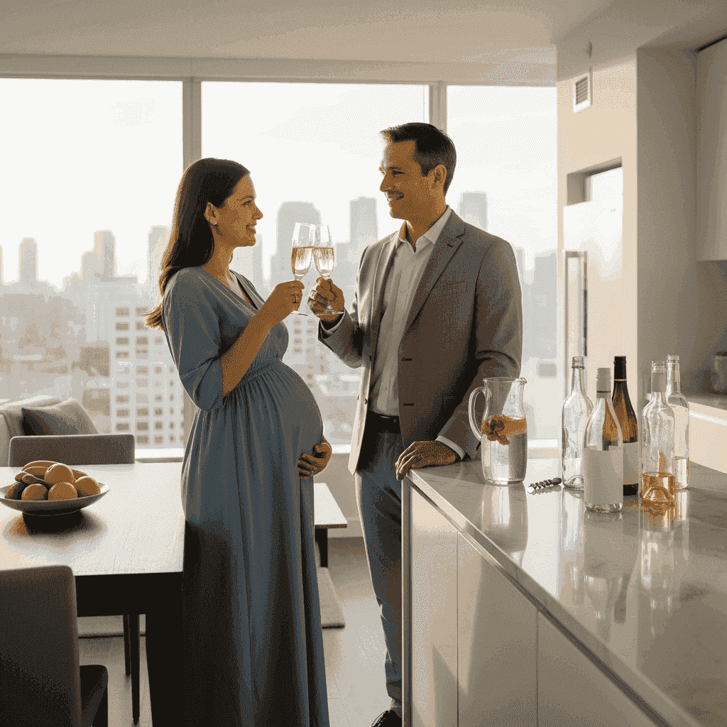 Expectant parents toasting with non-alcoholic drinks