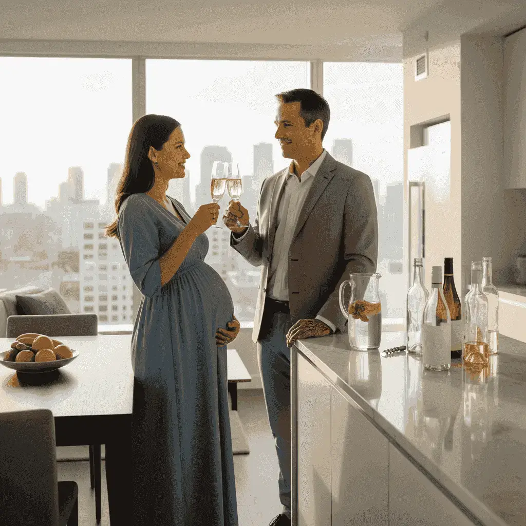 Futuros padres brindando con bebidas sin alcohol