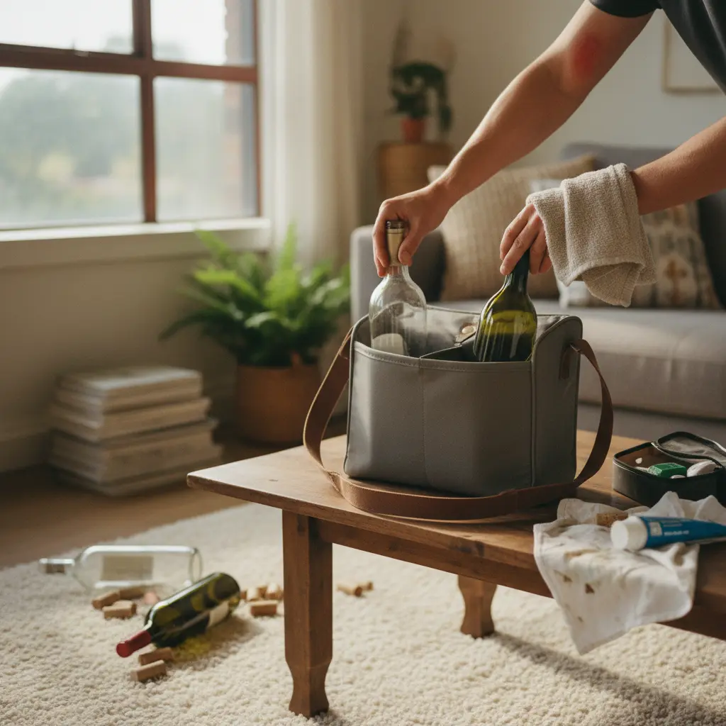 A person carefully placing bottles into an insulated wine carrier for safe transport.