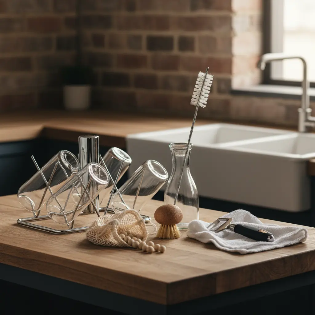 A collection of tools for cleaning wine bottles, including various brushes, a drying rack, and a label peeler.