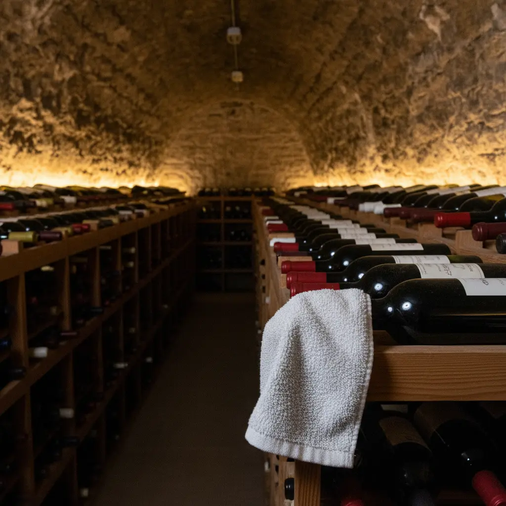 Rows of wine bottles neatly stored horizontally in a dark, cool wine cellar.