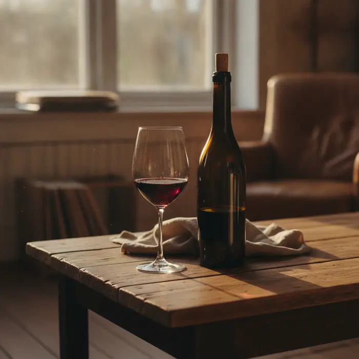 A glass of red wine next to an open bottle on a rustic table