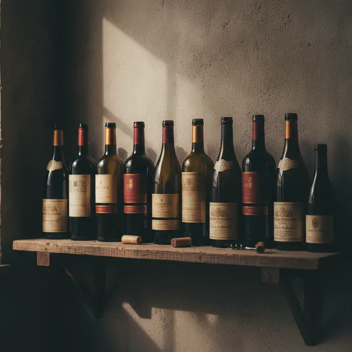 A collection of standard and half-sized wine bottles lined up on a shelf