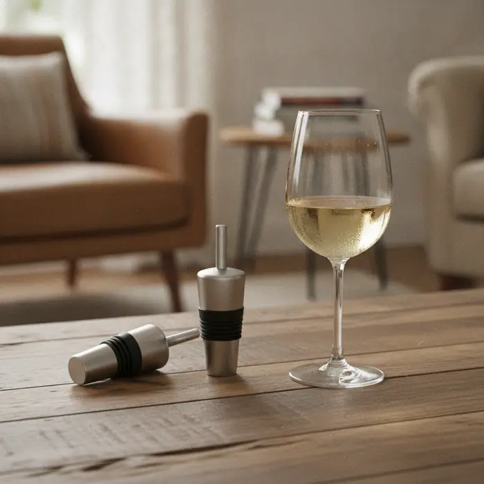 A vacuum wine stopper and pump sitting next to a glass of white wine
