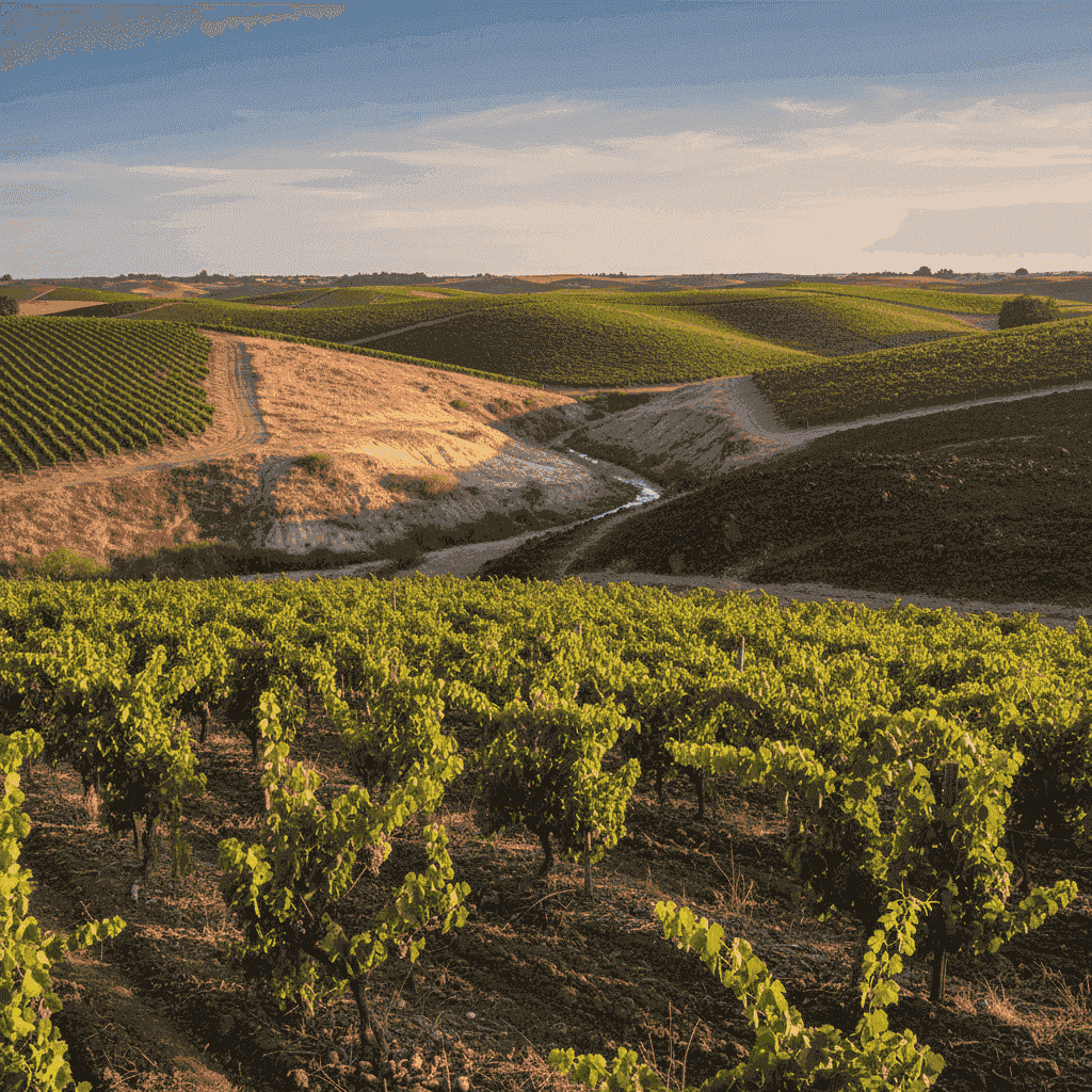 A vineyard showing diverse topography, soil, and healthy grapevines