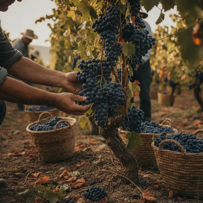 A hand harvester picking red grapes