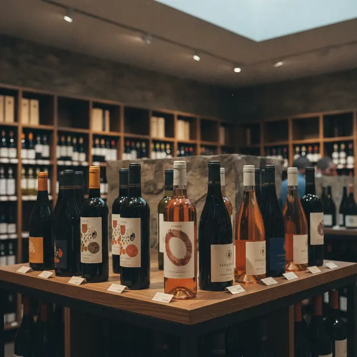 Bottles of wine arranged on retail shelves