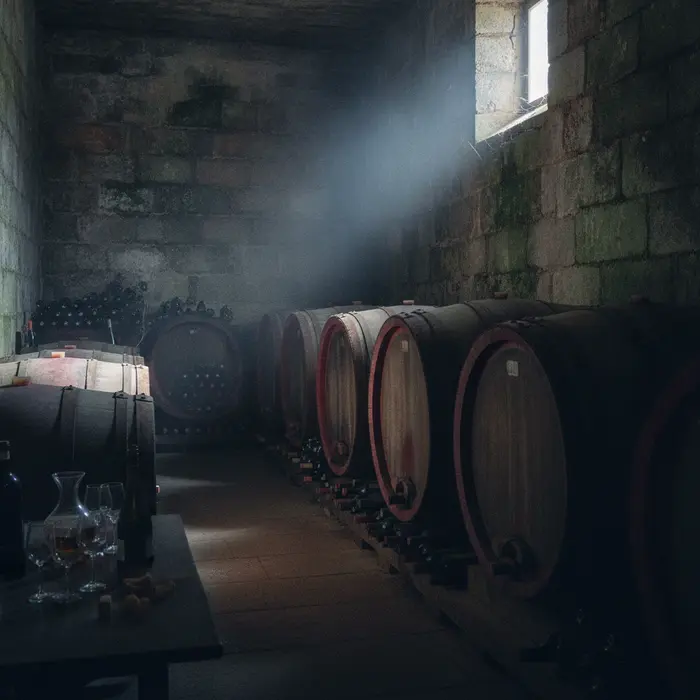 Oak barrels aging wine in a stone cellar