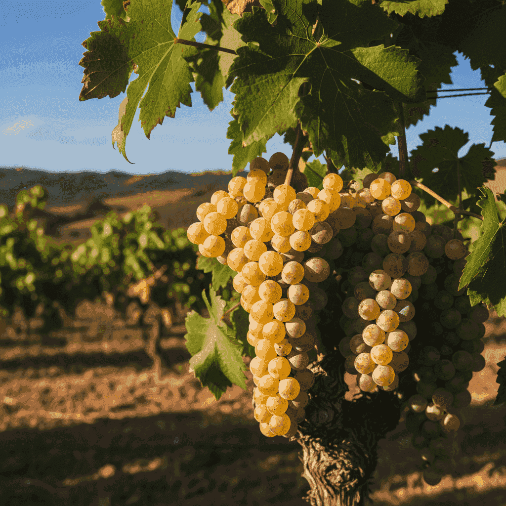 Close-up of ripe Grillo grapes on a vine in a Sicilian vineyard