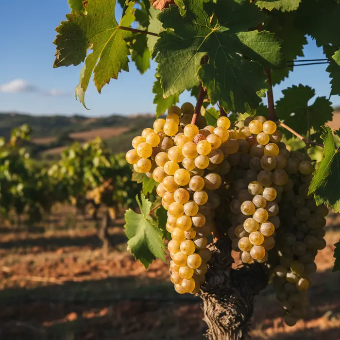 Close-up of ripe Grillo grapes on a vine in a Sicilian vineyard