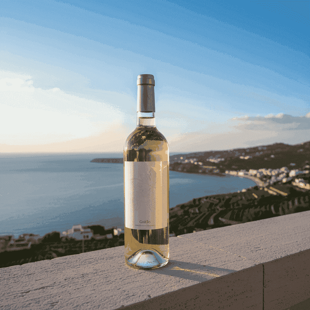 A bottle of Grillo wine overlooking the Mediterranean Sea in Sicily