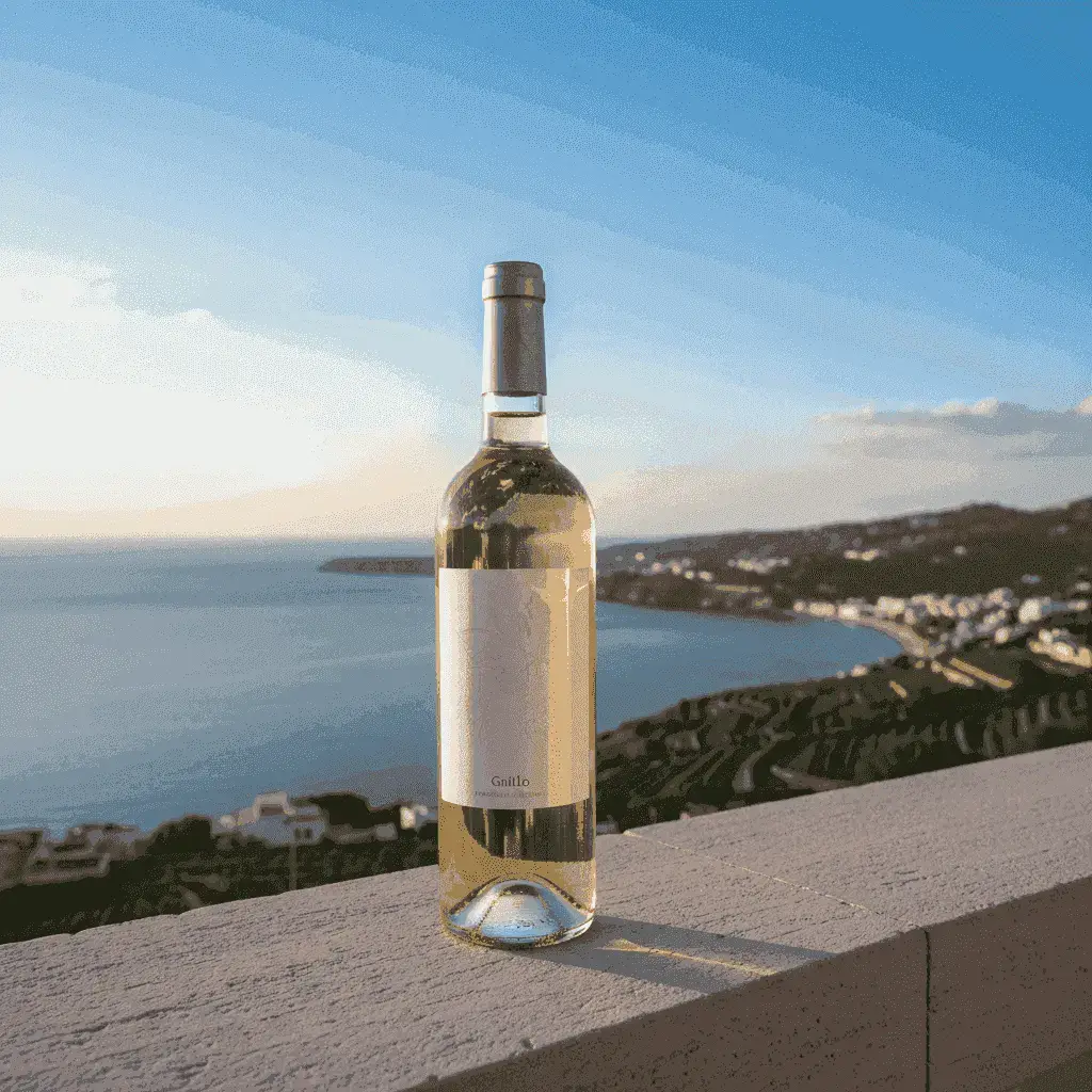 A bottle of Grillo wine overlooking the Mediterranean Sea in Sicily