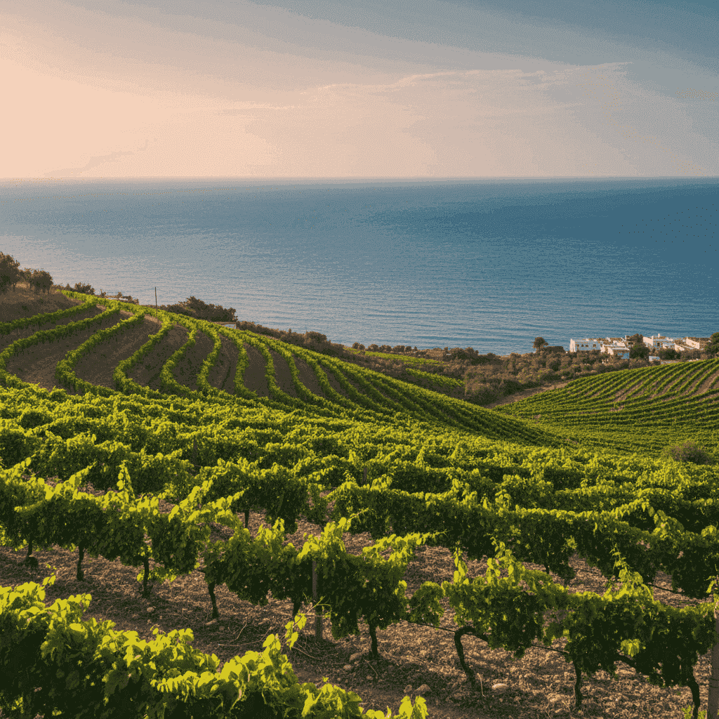 A panoramic view of a vineyard sloping down to the sparkling Mediterranean Sea in Sicily