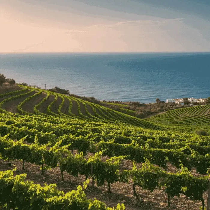 A panoramic view of a vineyard sloping down to the sparkling Mediterranean Sea in Sicily