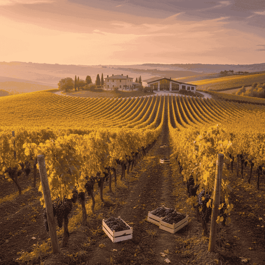 A picturesque Italian vineyard at sunset, ready for harvest