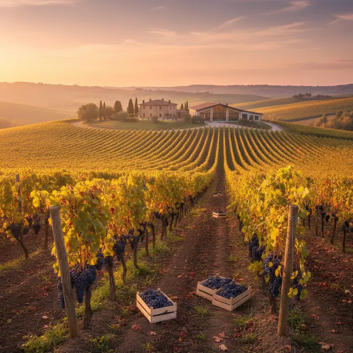 A picturesque Italian vineyard at sunset, ready for harvest