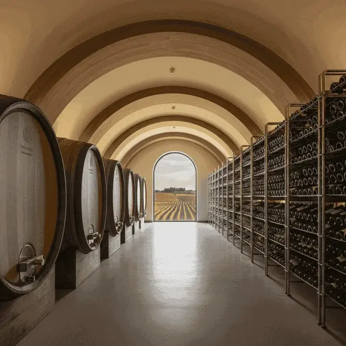 A well-maintained wine cellar with barrels and bottles