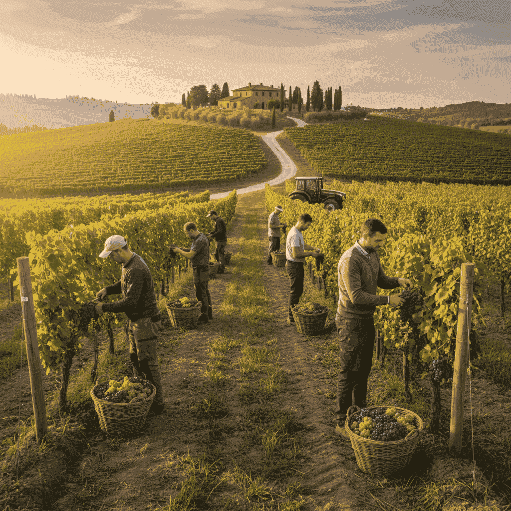 Workers harvesting grapes in an Italian vineyard