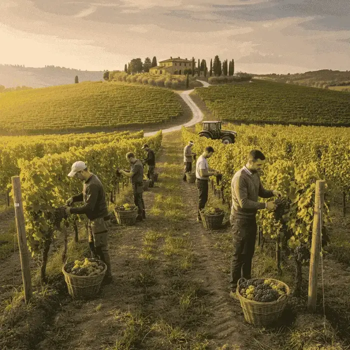 Workers harvesting grapes in an Italian vineyard