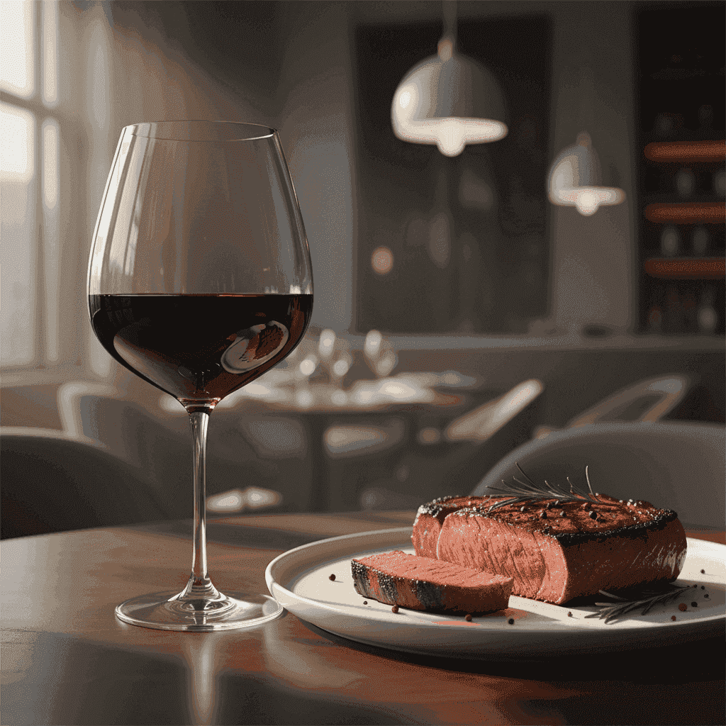 Glass of Cabernet Sauvignon next to a perfectly cooked steak