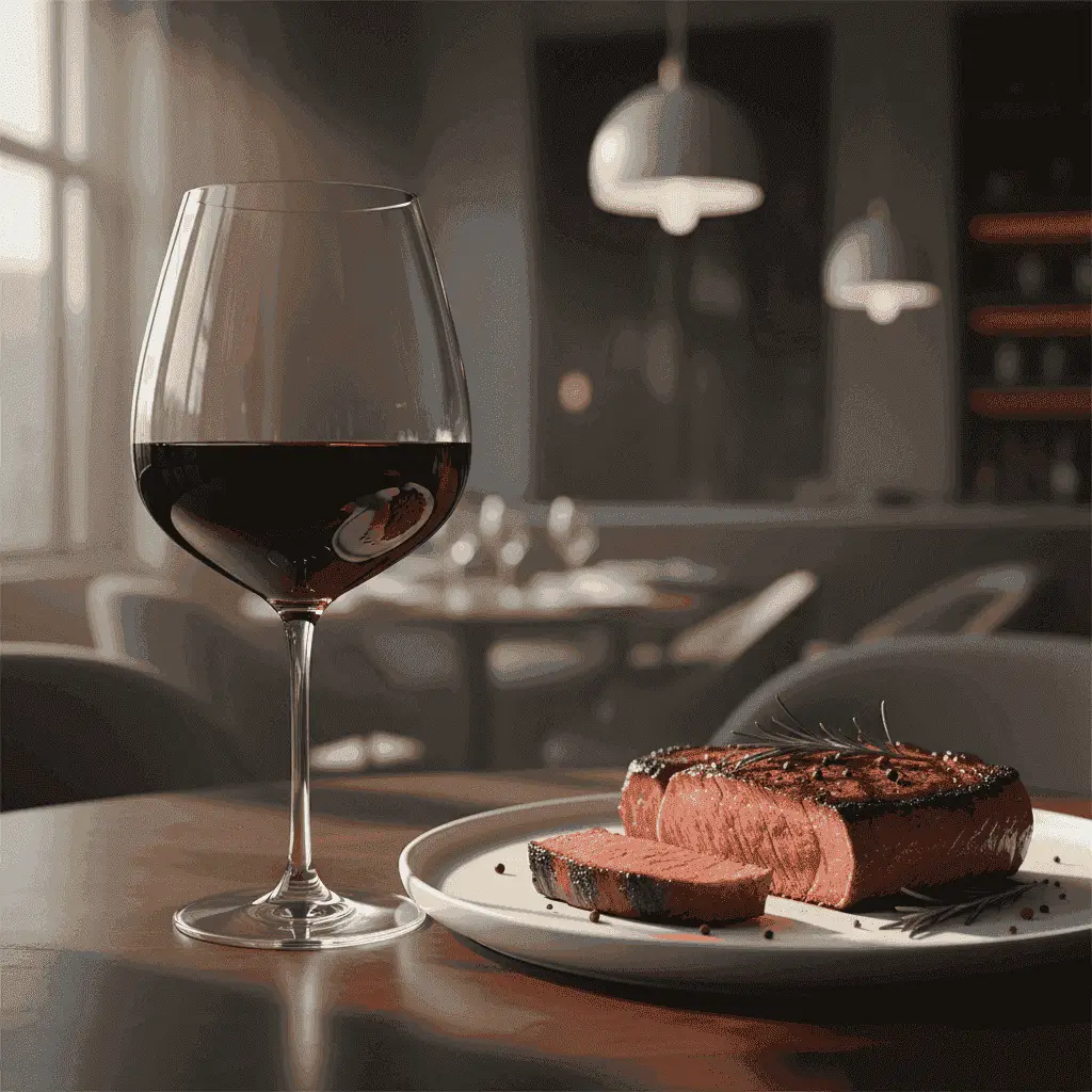 Glass of Cabernet Sauvignon next to a perfectly cooked steak