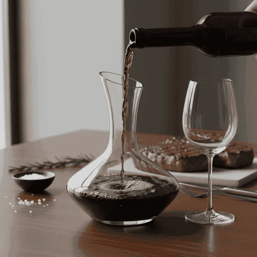 Red wine being decanted into a glass decanter