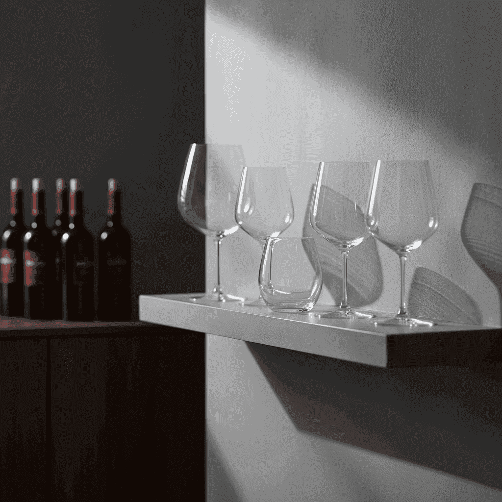 Various red wine glasses on a shelf