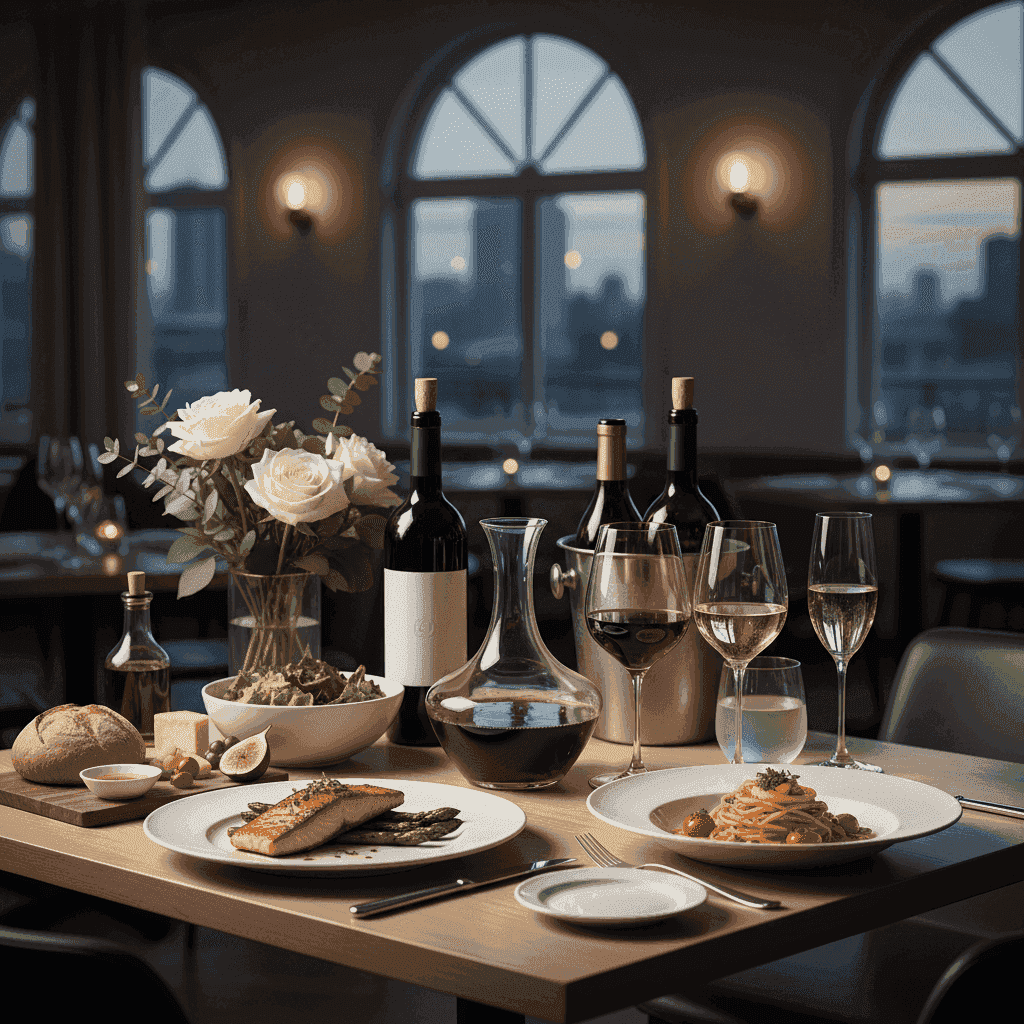 A beautifully set table with a variety of wine glasses, bottles, and delicious food dishes