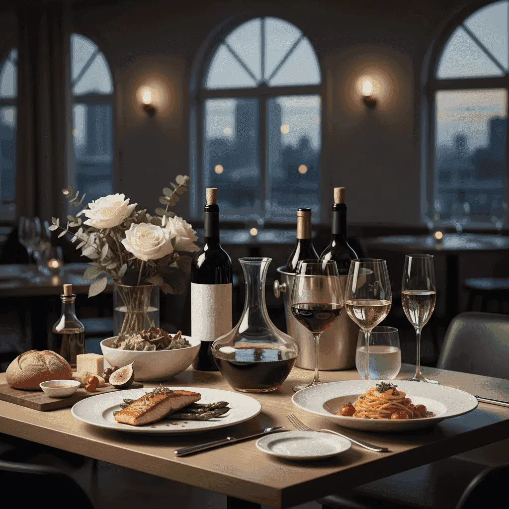 A beautifully set table with a variety of wine glasses, bottles, and delicious food dishes