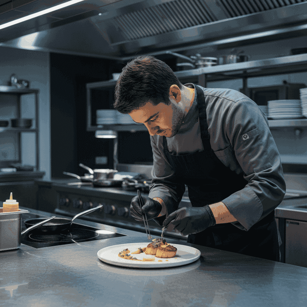A chef meticulously plating a gourmet dish in a professional kitchen