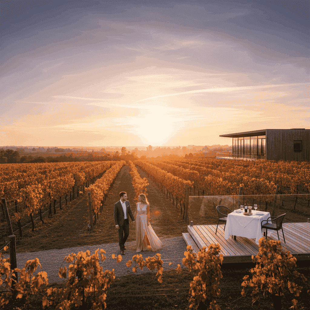 A picturesque vineyard at sunset, symbolizing the beauty of wine country